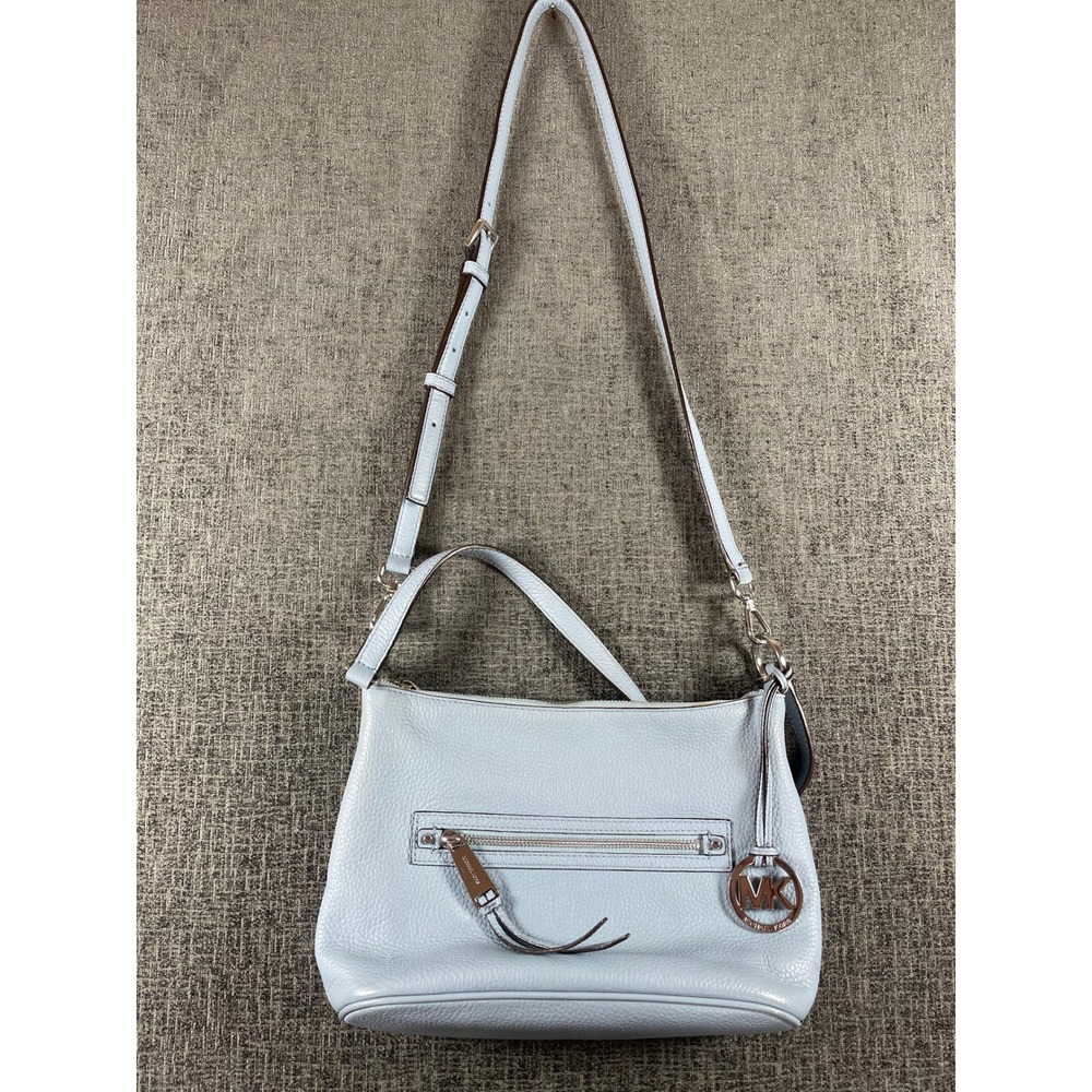 Michael Kors Light Blue Pebbled Leather Crossbody Bag Silver Hardware MK Charm